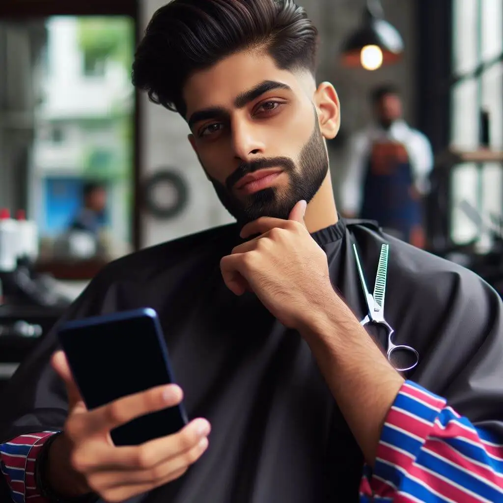 A imagem captura um momento em uma barbearia, onde um homem está sentado com uma tesoura no ombro e segurando um smartphone, a manga listrada do barbeiro e o pente são visíveis. Essa imagem é interessante, pois retrata o cenário moderno comum de indivíduos se mantendo conectados por meio de seus smartphones, mesmo durante sessões de cuidados pessoais.