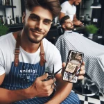 A imagem mostra uma homem em um barbearia, segurando tesouras e um smartphone que exibe a tela de um aplicativo, capturando a combinação entre a barbearia tradicional e a tecnologia moderna