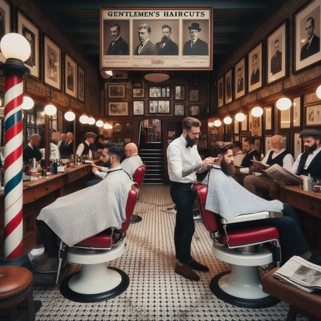 A imagem captura o interior de uma barbearia no estilo vintage, com clietes esperando nas cadeira e exibindo sua estética clássica e as atividades de cuidados em andamento, proporcionando um vislumbre de uma experiência de cuidados pessoais atemporal.