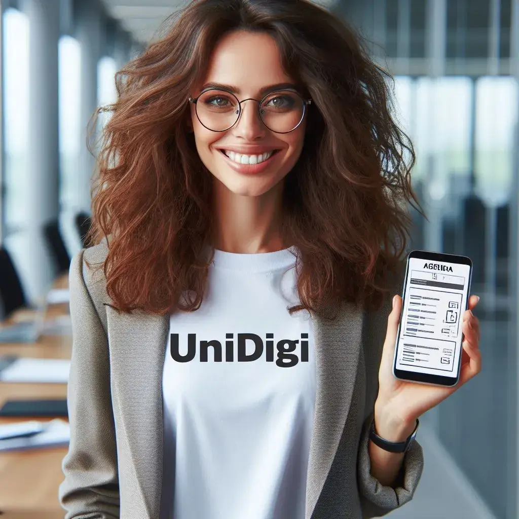 A imagem mostra uma mulher sorrindo gerada pela inteligência artificial, segurando um smartphone que exibe aum sitema de agenda online. A mulher está vestindo uma camiseta branca com “UniDigi” impresso e um blazer cinza claro. A tela do smartphone exibe texto e caixas, lembrando um formulário, com o título “AGENDA” visível no topo. O fundo está desfocado, mas parece ser um ambiente de escritório com divisórias de vidro e mesas.