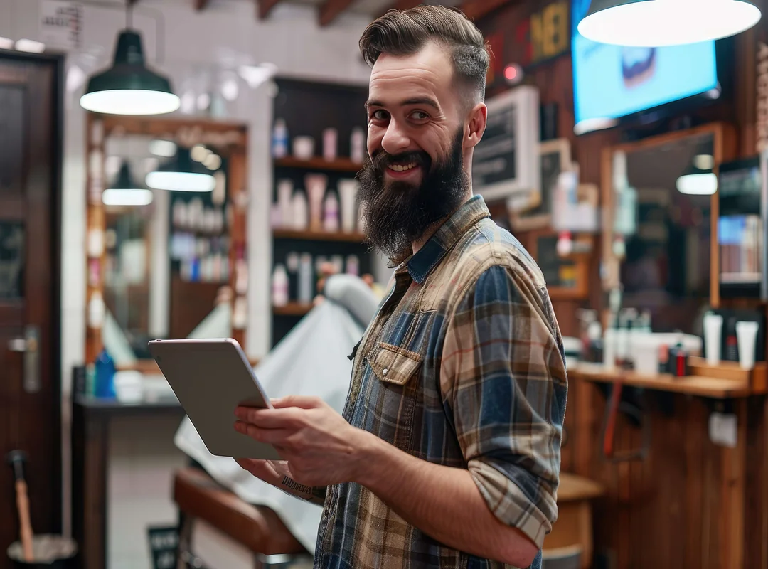 Homem de barba espessa e cabelo curto, vestindo camisa xadrez, sorrindo e segurando um tablet em uma barbearia moderna. O ambiente é aconchegante, com decoração rústica e prateleiras cheias de produtos para cuidados pessoais ao fundo.