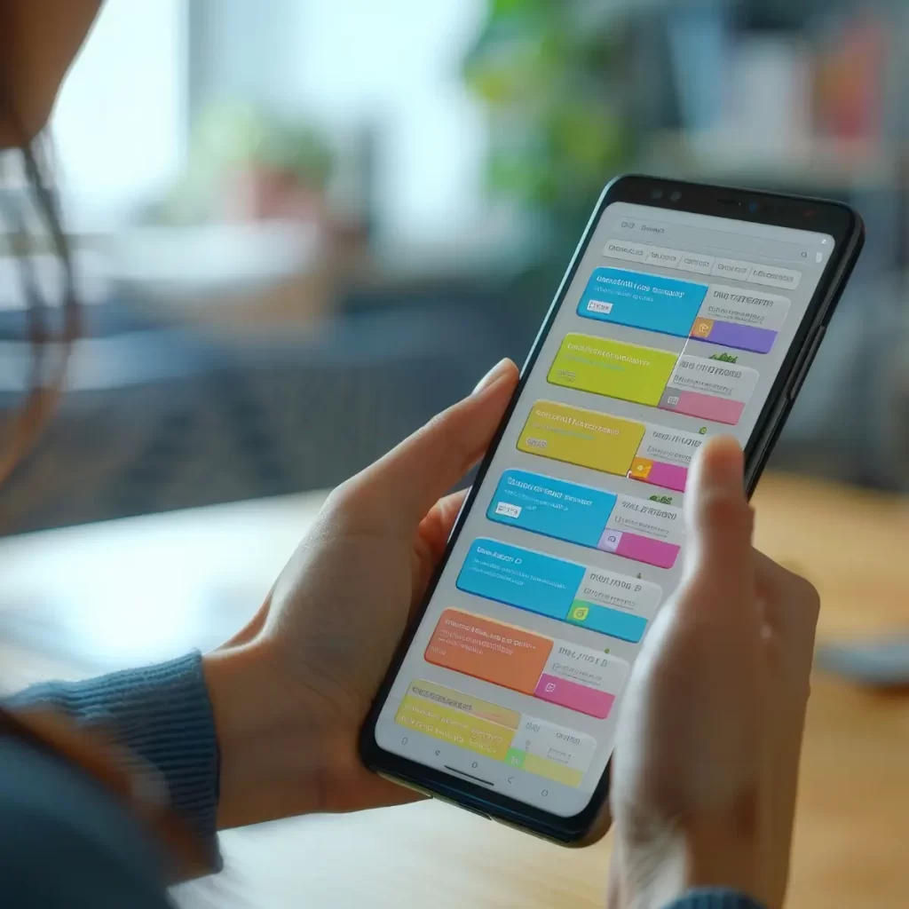 A imagem mostra uma pessoa segurando um smartphone e utilizando um aplicativo que parece ser uma agenda ou um planejador digital. Na tela do celular, há várias notas ou compromissos coloridos organizados em blocos, indicando diferentes tarefas ou eventos. O ambiente ao redor está desfocado, sugerindo que a pessoa está concentrada na tela do dispositivo. A imagem transmite a ideia de organização e planejamento, com o uso da tecnologia para gerenciar atividades diárias.