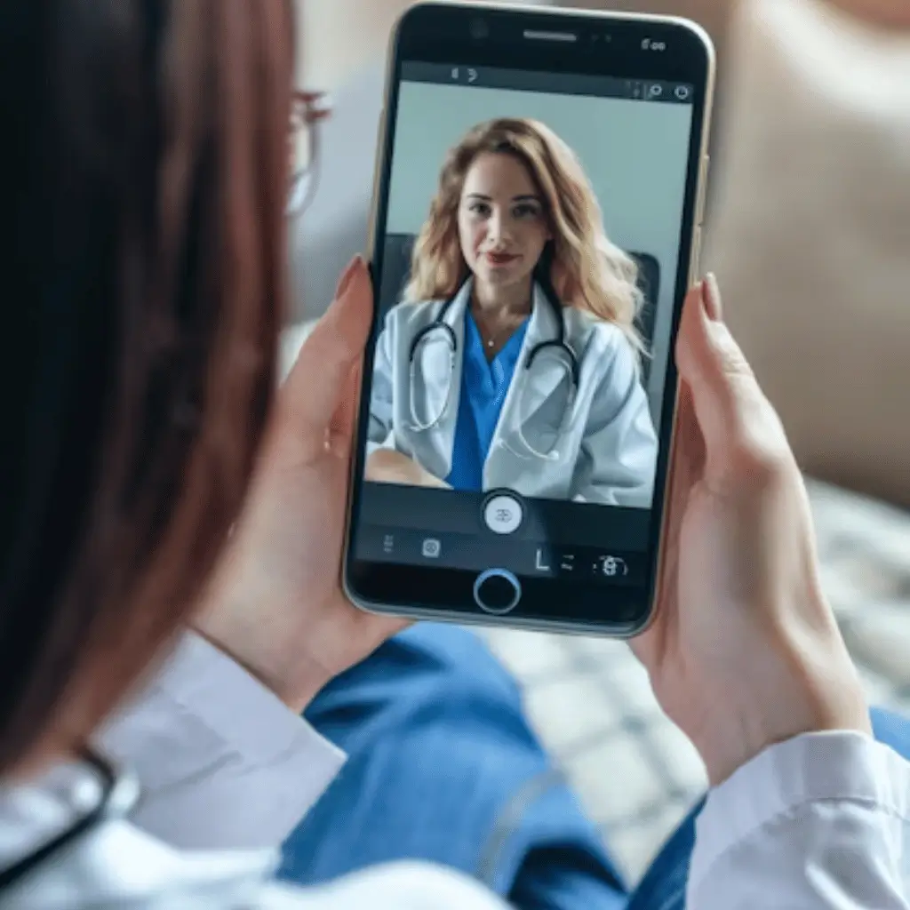 A imagem mostra uma pessoa segurando um smartphone enquanto participa de uma consulta médica por vídeo. Na tela do smartphone, aparece uma médica vestindo jaleco branco e estetoscópio, conversando com o paciente através da câmera. A consulta está acontecendo de forma remota, provavelmente por meio de um serviço de telemedicina, que facilita o acesso ao atendimento médico sem a necessidade de deslocamento.